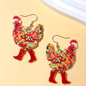 🎄🐓 NWT- Christmas Glitter Boot Chicken Earrings🐓🎄